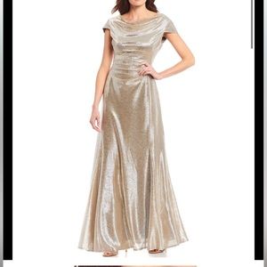Tahari ASL metallic cowl neck ruched gown size 6